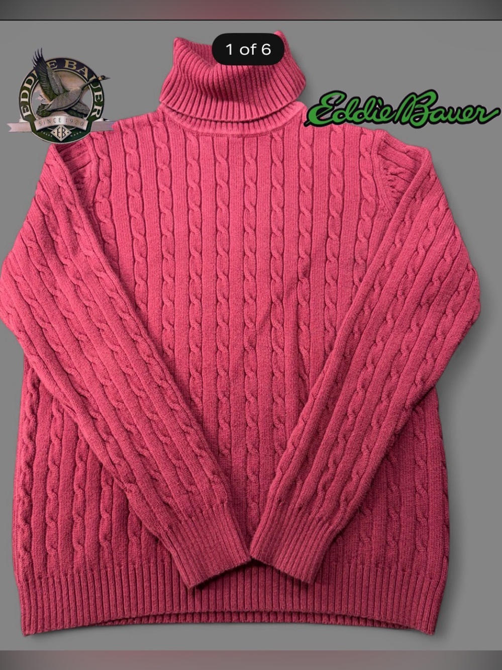 Eddie Bauer Sweater Womens L 19x22.5 Turtleneck Cable Knit Berry Pink Cotton